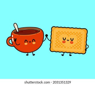 Cute, funny happy cup of coffee and cookies character. Vector hand drawn cartoon kawaii characters, illustration icon. Funny cartoon cup of coffee and cookies friends concept