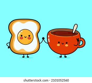 Cute, funny happy cup of coffee and bread with eggs character. Vector hand drawn cartoon kawaii characters, illustration icon. Funny cartoon paper cup and bread with eggs friends concept