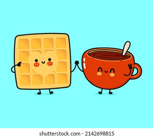 Cute, funny happy cup of coffee and waffles character. Vector hand drawn cartoon kawaii characters, illustration icon. Funny cartoon cup coffee and waffles friends concept emoji,child,face,adorable