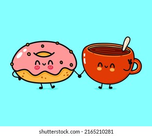 Cute, funny happy cup of coffee and pink donut character. Vector hand drawn cartoon kawaii characters, illustration icon. Funny happy cartoon cup of coffee and pink donut friends concept