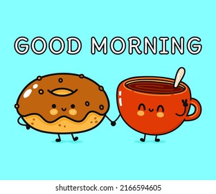 Cute, funny happy cup of coffee and chocolate donut character. Vector hand drawn cartoon kawaii characters, illustration icon. Funny cartoon cup of coffee and pink donut friends concept