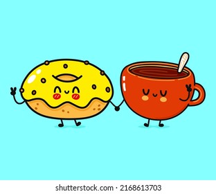 Cute, funny happy cup of coffee and donut character. Vector hand drawn cartoon kawaii characters, illustration icon. Funny happy cartoon cup of coffee and pink donut friends concept