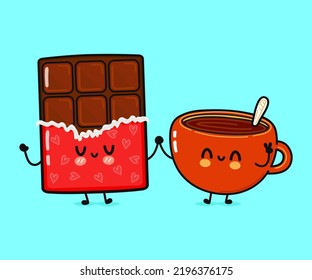 Cute, funny happy cup of coffee and chocolate character. Vector hand drawn cartoon kawaii characters, illustration icon. Funny happy cartoon cup of coffee and chocolate friends concept
