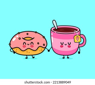 Cute, funny happy cup of coffee and pink donut character. Vector hand drawn cartoon kawaii characters, illustration icon. Funny cartoon cup of tea and pink donut friends concept