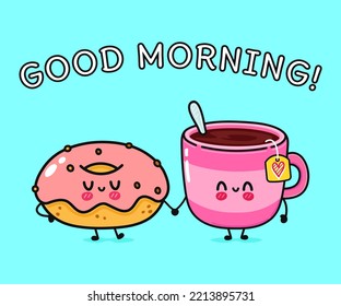 Cute, funny happy cup of coffee and pink donut character. Vector hand drawn cartoon kawaii characters, illustration icon. Funny cartoon cup of tea and pink donut friends concept