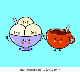 Cute, funny happy cup of coffee and ice cream character. Vector hand drawn cartoon kawaii characters, illustration icon. Funny cartoon cup of coffee and ice cream friends concept
