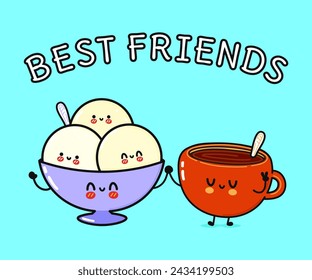 Cute, funny happy cup of coffee and ice cream character. Vector hand drawn cartoon kawaii characters, illustration icon. Funny cartoon cup of coffee and ice cream friends concept