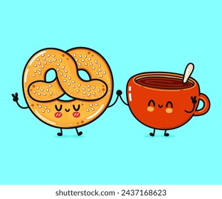 Cute, funny happy Cup of coffee and French pretzel character. Vector hand drawn cartoon kawaii characters, illustration icon. Funny cartoon Cup of coffee and French pretzel friends concept
