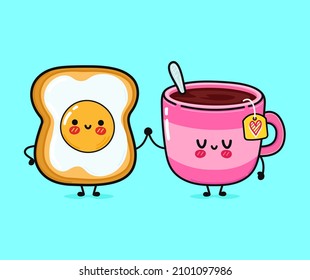 Cute, funny happy cup of tea and bread with eggs character. Vector hand drawn cartoon kawaii, illustration icon. Funny cartoon cup of tea and bread with eggs friends concept