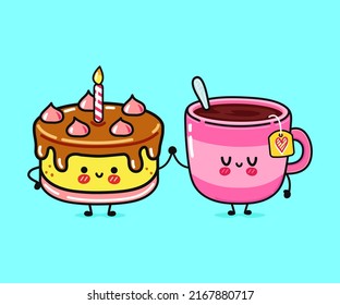 Cute, funny happy cup of tea and cake character. Vector hand drawn cartoon kawaii characters, illustration icon. Funny cartoon cup of tea and cake friends concept