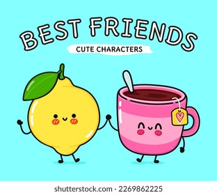 Cute, funny happy cup of tea and lemon character. Vector hand drawn cartoon kawaii characters, illustration icon. Funny happy cartoon cup of tea and lemon friends concept