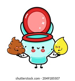 Cute, funny happy drop of urine, turd and toilet character. Vector hand drawn cartoon kawaii characters, illustration icon. Funny cartoon turd, drop of urine and toilet friends concept