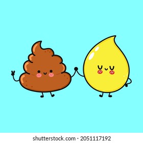 Cute, funny happy drop of urine and turd character. Vector hand drawn cartoon kawaii characters, illustration icon. Funny cartoon drop of urine and turd friends concept
