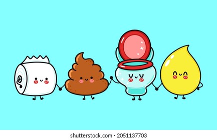 Cute, funny happy drop of urine, turd, toilet paper and toilet character. Vector hand drawn cartoon kawaii characters, illustration icon. Funny cartoon turd, drop of urine and toilet friends concept
