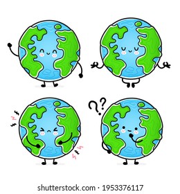 Cute funny happy Earth planet set collection. Vector hand drawn cartoon kawaii character illustration icon. Isolated on white background. Earth planet, ecology, eco mascot character bundle concept