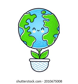 Cute funny happy Earth planet grow like flower plant in pot. Vector doodle hand drawn cartoon kawaii character illustration icon. Isolated on white background. Eco, Earth ecology,nature,plants concept