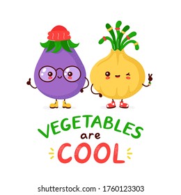 Cute funny happy eggplant and onion. Vegetables are cool print design. Isolated on white background. Vector cartoon character illustration