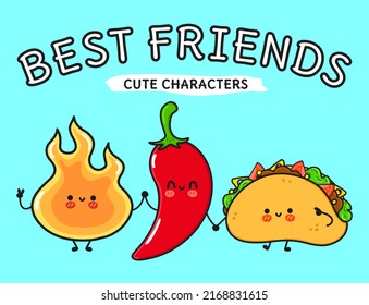 Cute, funny happy fire chili pepper and tacos. Vector hand drawn cartoon kawaii characters, illustration icon. Funny happy cartoon fire chili pepper and tacos mascot character concept