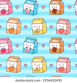 Cute funny happy flavored milk box and hearts seamless pattern. Vector kawaii cartoon illustration icon design. Cute milk with different flavors seamless pattern concept