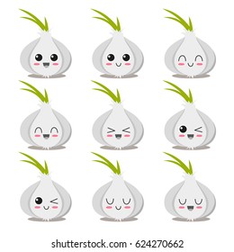 Cute, funny and happy garlic set character. Vegetables vector illustration