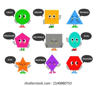 Cute la colección de juego de caracteres de formas de geometría feliz divertida. Icono de ilustración del personaje kawaii de dibujos animados planos. Aislado sobre fondo blanco. Geometría,figura,forma,concepto de conjunto de caracteres para niños