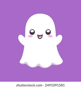 Cute funny happy ghost cartoon vector illustration. Childish spooky boo halloween characters for kids.