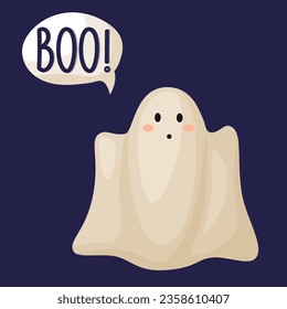 Cute funny happy ghost. Childish creepy character with word cloud. Magic scary spirit with different emotions and facial expressions. Isolated flat vector illustration of comic phantom