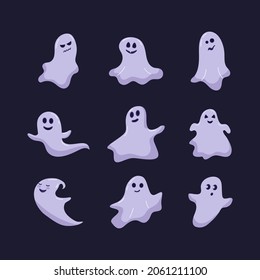 Cute funny happy ghosts. Magic cartoon childish vector phantoms with different emotions. Vector festive set for Halloween poster, greeting card, invitation.
