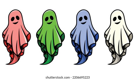 Cute funny happy ghosts, Set of cute spooky character, Happy Halloween ghost, Ghost character,   Isolated vector illustration, Flying phantoms, Set of cloth Ghosts, Ghost doodle,