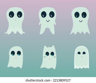 lindos y graciosos fantasmas. Conjunto de caracteres espeluznantes. Espíritus mágicos con diferentes formas. Dibujos aislados de vectores de dibujos animados planos de fantasmas cómicos