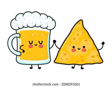 Cute, funny happy glass of beer and nachos. Vector hand drawn cartoon kawaii characters, illustration icon. Funny cartoon glass of beer and nachos mascot friends concept