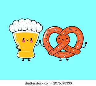 Cute, funny happy glass of beer and pretzel. Vector hand drawn cartoon kawaii characters, illustration icon. Funny cartoon glass of beer and pretzel mascot character concept