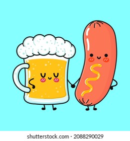 Cute, funny happy glass of beer and mustard sausage with mustard. Vector hand drawn cartoon kawaii characters, illustration icon. Funny cartoon glass of beer and  sausage with mustard mascot character