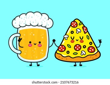 Cute, funny happy glass of beer and pizza. Vector hand drawn cartoon kawaii characters, illustration icon. Funny happy cartoon glass of beer and pizza mascot character concept