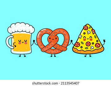 Cute funny happy glass of beer pizza pretzel.Vector hand drawn cartoon kawaii characters, illustration icon.Funny happy cartoon glass of beer pizza pretzel emoji,child,adorable,kids, mascot friends