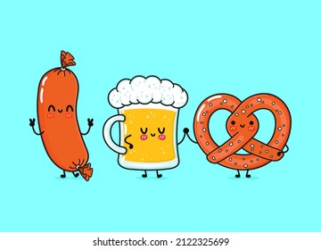 Cute funny happy glass of beer sausage pretzel.Vector hand drawn cartoon kawaii characters, illustration icon. Funny happy cartoon glass of beer sausage pretzel emoji,child,baby,face,adorable,kawaii