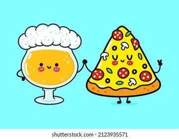 Cute, funny happy glass of beer and pizza. Vector hand drawn cartoon kawaii characters, illustration icon. Funny cartoon glass of beer and pizza mascot character concept emoji,child,face,adorable,kids
