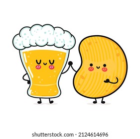 Cute, funny happy glass of beer and chips. Vector hand drawn cartoon kawaii characters, illustration icon. Funny cartoon glass of beer and chips mascot character concept emoji,face,adorable,kids