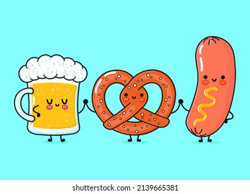 Cute, funny happy glass of beer, pretzel and sausage with mustard. Vector hand drawn cartoon kawaii characters, illustration. Funny cartoon glass of beer, pretzel and sausage mustard mascot friends