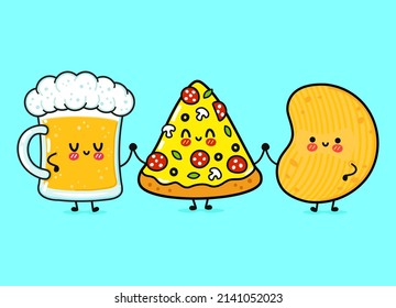 Cute, funny happy glass of beer, pizza and chips. Vector hand drawn cartoon kawaii characters, illustration icon. Funny happy cartoon glass of beer pizza chips mascot friends emoji,child,baby,face