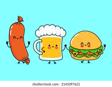 Un vaso de cerveza, salchicha y hamburguesa delicioso y divertido. Caricatura de kawaii dibujada a mano vectora, icono de ilustración. Gracioso y feliz vaso de dibujos animados de salchicha de cerveza hamburguesa mascota amigos emoji, niño