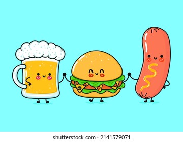 Cute, funny happy glass of beer, sausage with mustard and hamburger. Vector hand drawn cartoon kawaii characters, illustration icon. Funny happy  glass of beer sausage with mustard hamburger friends