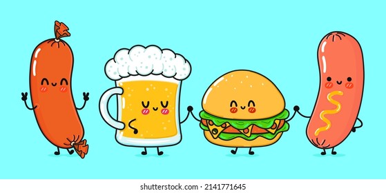 Una cerveza dulce y divertida, salchichas con mostaza y hamburguesa. Caricatura de kawaii dibujada a mano vectora, icono de ilustración. Gracioso vaso feliz de salchicha de cerveza con amigos de hamburguesas de mostaza