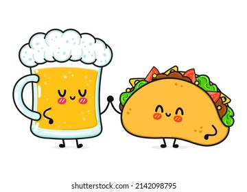 Cute, funny happy glass of beer and taco. Vector hand drawn cartoon kawaii characters, illustration icon. Funny cartoon glass of beer and taco mascot friends concept emoji,child,face,adorable,kids