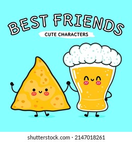 Cute, funny happy glass of beer and nachos. Vector hand drawn cartoon kawaii characters, illustration icon. Funny cartoon glass of beer and nachos mascot friends concept