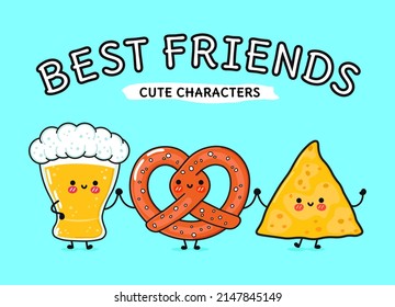 Cute, funny happy glass of beer, pretzel and nachos. Vector hand drawn cartoon kawaii characters, illustration icon. Funny cartoon glass of beer, pretzel and nachos mascot friends concept
