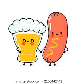 Cute, funny happy glass of beer and sausage with mustard. Vector hand drawn cartoon kawaii characters, illustration icon. Funny cartoon glass of beer and  sausage with mustard mascot character concept