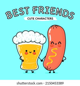 Cute, funny happy glass of beer and sausage with mustard. Vector hand drawn cartoon kawaii characters, illustration icon. Funny cartoon glass of beer and  sausage with mustard mascot character concept
