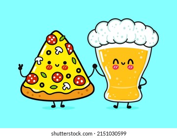Cute, funny happy glass of beer and pizza. Vector hand drawn cartoon kawaii characters, illustration icon. Funny cartoon glass of beer and pizza mascot character concept