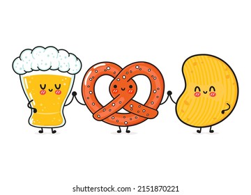 Cute, funny happy glass of beer, pretzel and сrisps. Vector hand drawn cartoon kawaii characters, illustration icon. Funny cartoon glass of beer, pretzel and chips mascot friends concept